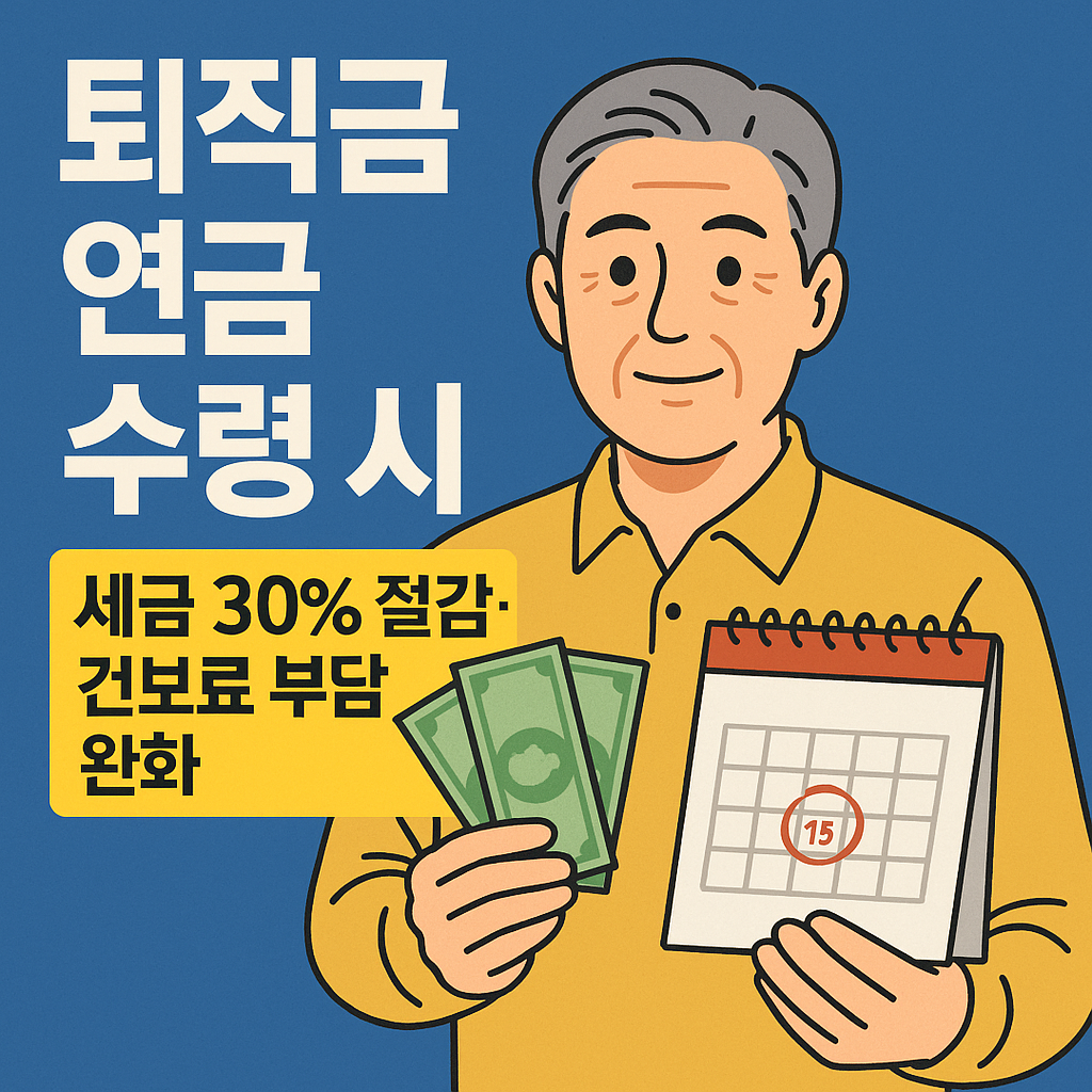 퇴직금을 연금 형태로 받을 경우 세금 30% 절감과 건강보험료 부담 완화 혜택을 강조하는 일러스트 썸네일, 은퇴자가 돈과 달력을 들고 있는 장면