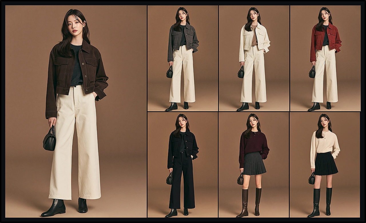 전신 여성 모델의 재킷 컬러와 니트·플리츠 스커트·부츠 착장을 변경한 결과
