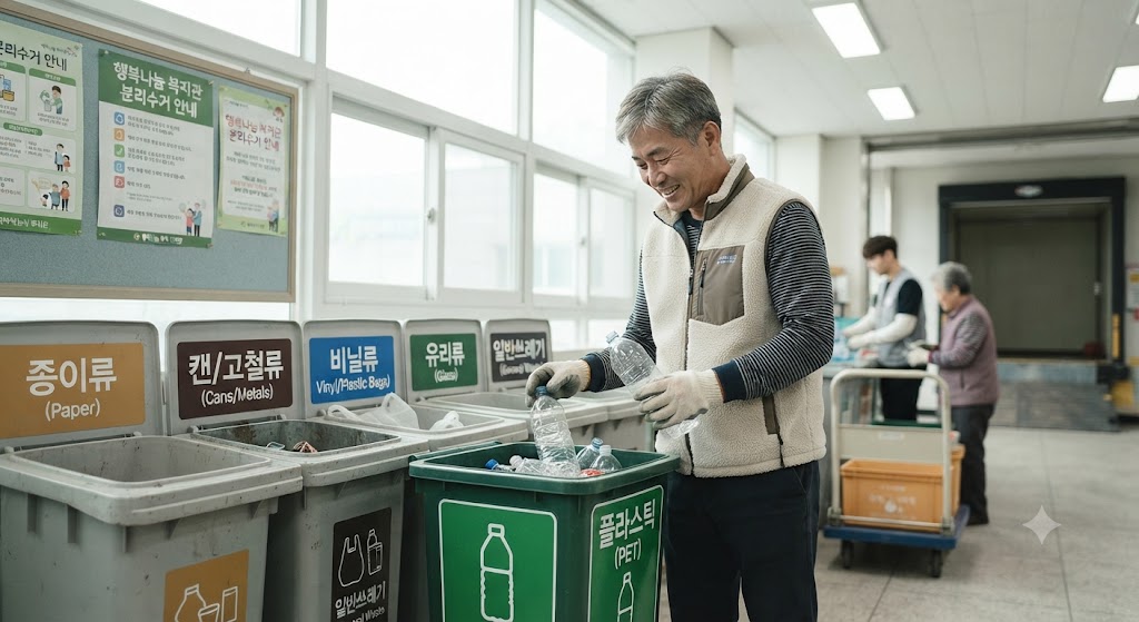 복지관에서 분리수거 청소하고 있는 자활근로자