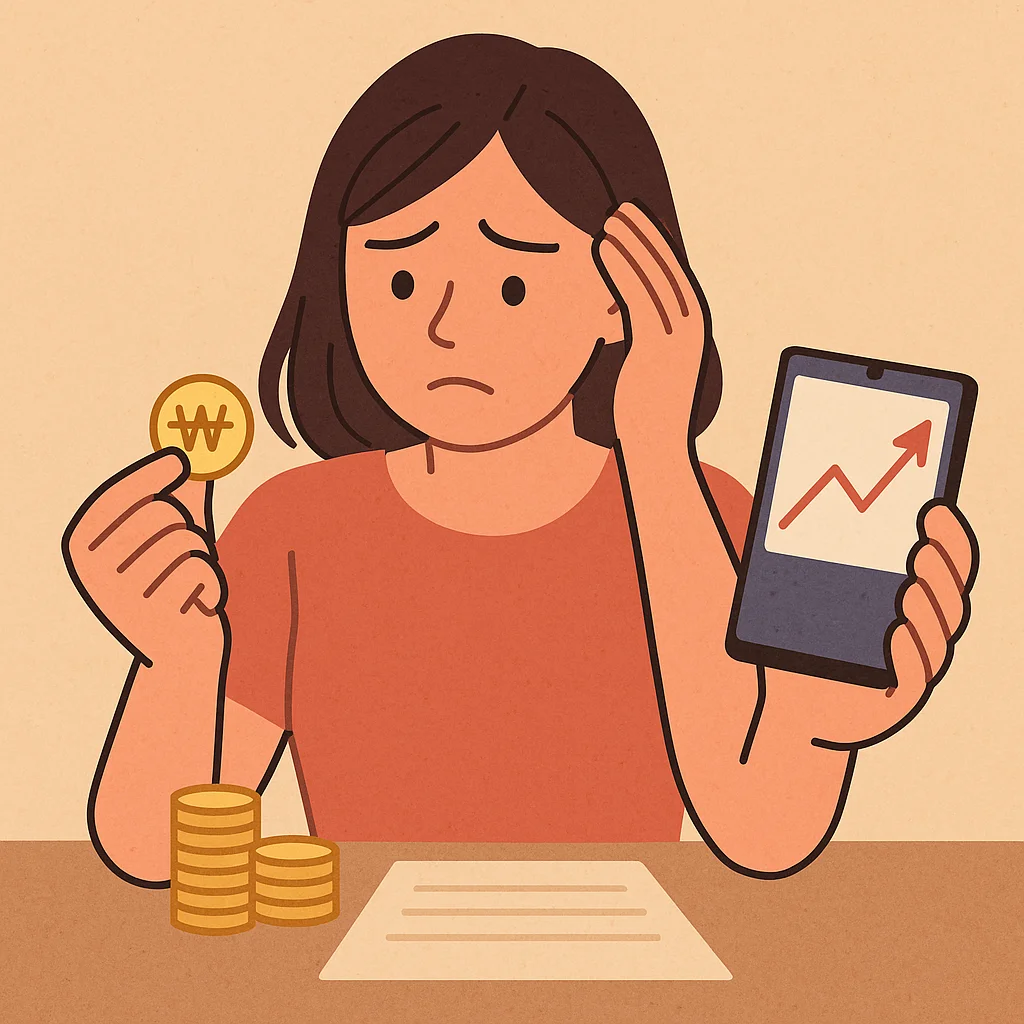 생활비를 줄이고 투자할지 고민하는 여성이 스마트폰의 상승 그래프와 동전을 바라보며 망설이는 모습의 일러스트