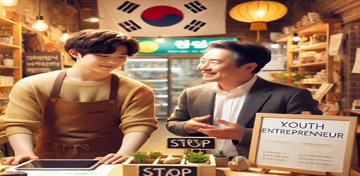 청년 창업자가 전통시장에서 멘토와 함께 가게를 준비하는 모습