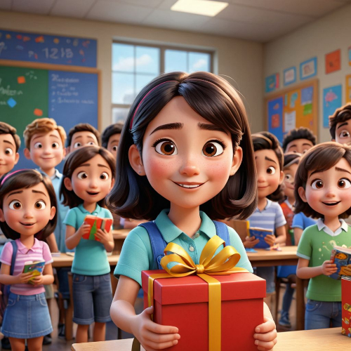 학원에서 선물을 받고 좋아하는 아이