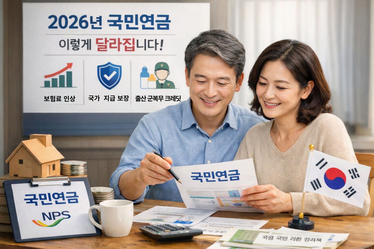 2026년 국민연금 보험료 인상과 국가 지급보장, 출산&middot;군복무 크레딧 확대 내용을 확인하는 중년 부부 모습