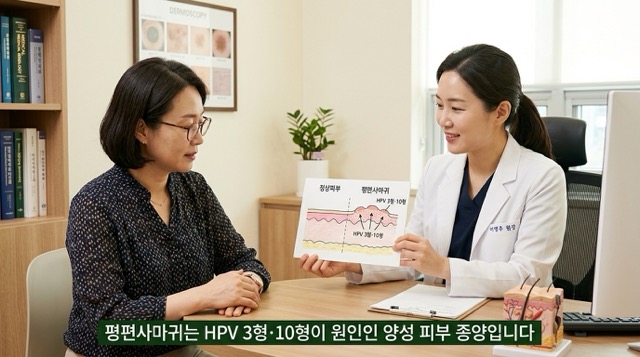 편사마귀 피부 표면 납작하게 솟은 작은 구진 피부과 설명 이미지