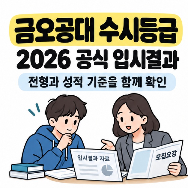 금오공대 수시등급과 2026 공식 입시결과 제목 아래 학생과 상담자가 입시결과 자료 및 모집요강을 함께 살펴보는 모습