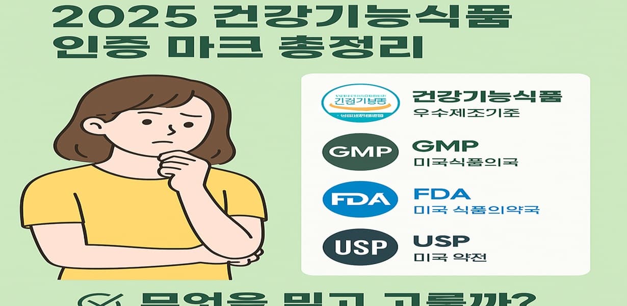 “식약처 인증, GMP, FDA, USP 마크와 고민하는 여성이 함께 구성된 건강기능식품 인증 마크 비교 인포그래픽”