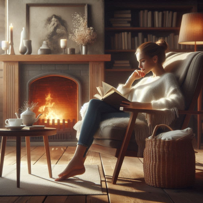 편안한 분위기에서 책을 읽고 있는 여성을 보여주는 사진입니다. 불빛이 아늑한 공간에서 휴식을 취하는 모습입니다.