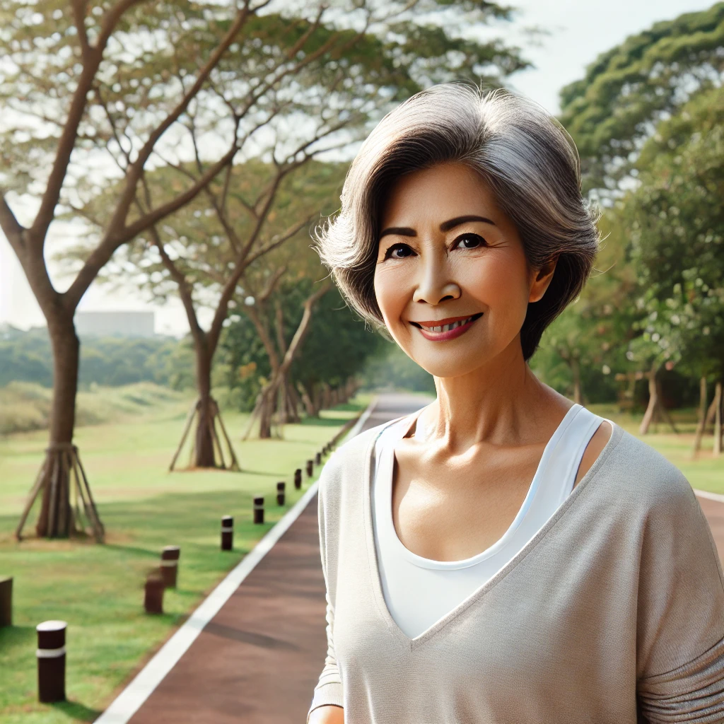 중년 여성이 공원에서 걷기를 하며 건강한 모습