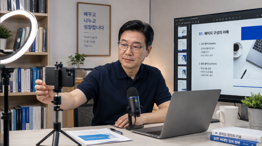 스마트폰과 조명으로 온라인 강의를 촬영하고 PDF 자료를 준비하는 모습