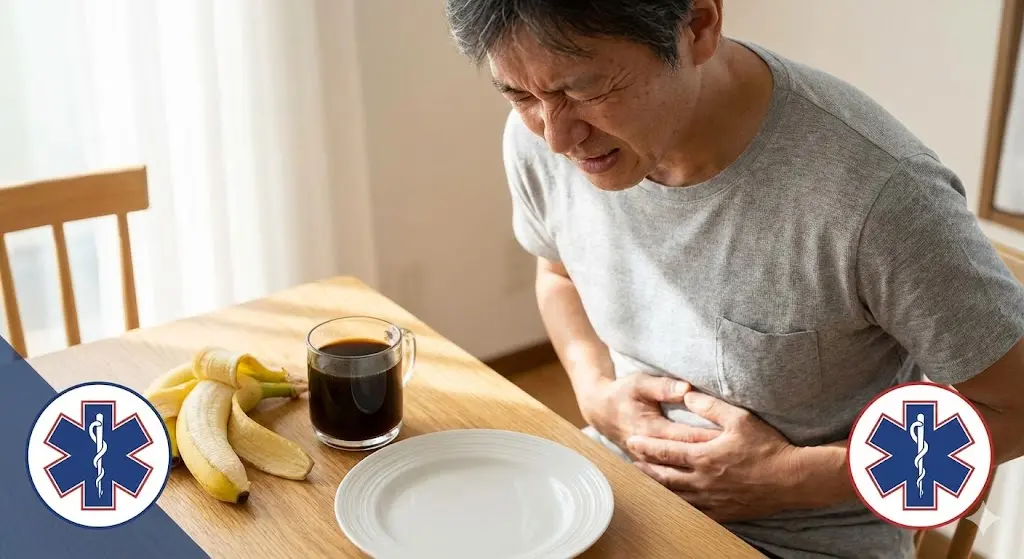 아침 식탁에 바나나와 커피가 놓여 있고, 위장을 부여잡고 괴로워하는 중년의 모습