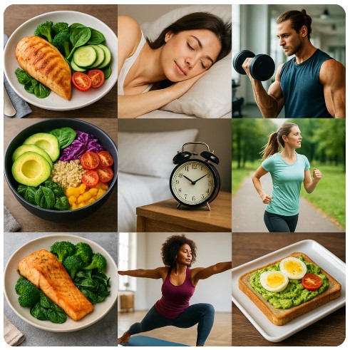 식단, 수면, 운동의 건강한 생활의 이미지