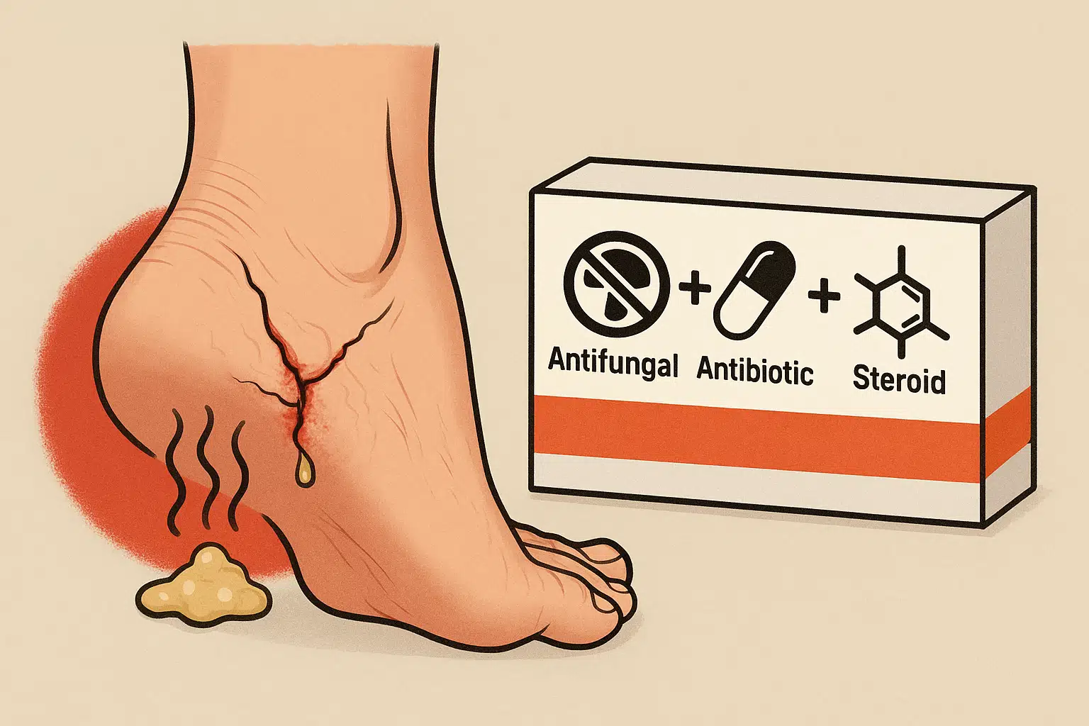 갈라진 발 피부 틈새에서 고름과 악취를 상징하는 아이콘, 옆에는 &ldquo;항진균제 + 항생제 + 스테로이드&rdquo; 3가지 아이콘이 합쳐진 약 상자