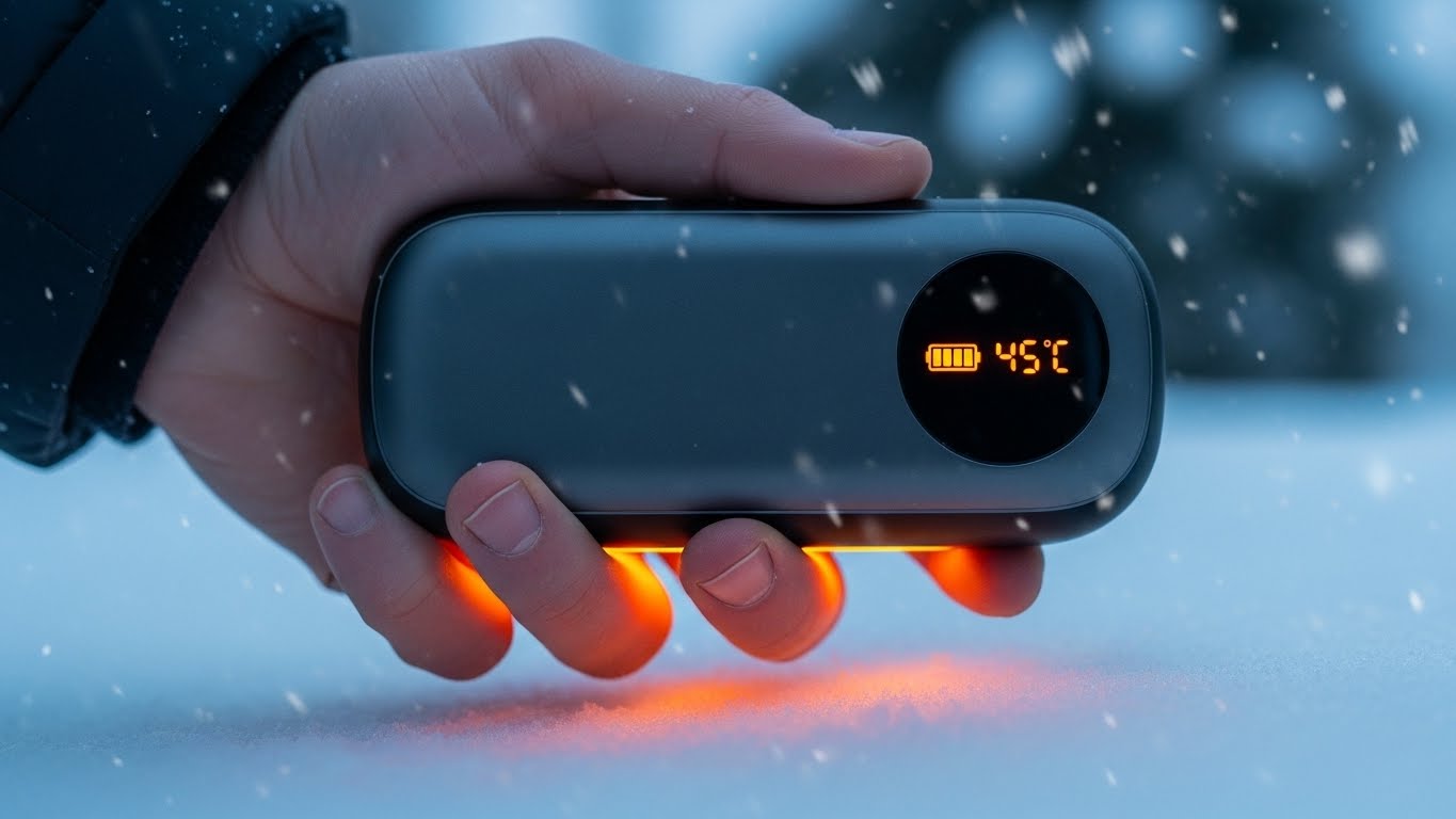 따뜻하게 발열 중인 휴대용 손난로 겸 보조배터리