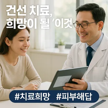 * 이미지 프롬프트: 밝은 햇살이 들어오는 깨끗하고 현대적인 병원 진료실에서, 20대 여성이 맞은편에 앉은 친절한 의사의 설명을 들으며 안도감과 희망이 섞인 표정을 짓고 있다. 의사는 태블릿 PC의 차트를 보여주며 미소 짓고 있으며, 전체적으로 따뜻하고 신뢰감 있는 분위기를 연출한다. 극사실주의 사진 스타일.

* 썸네일 텍스트(제목): 건선 치료, 희망이 될 '이것'
* 해시태그: #치료희망 #피부해답