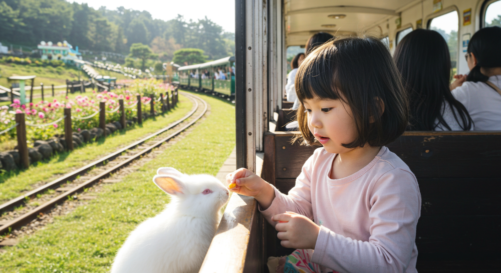 제주 에코랜드에서 기차를 타고 토끼에게 먹이를 주는 아이