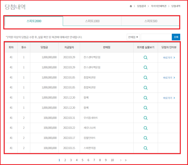 스피또2000 스피또1000 스피또500에서 본인이 찾고자하는 당첨내역을 선택합니다