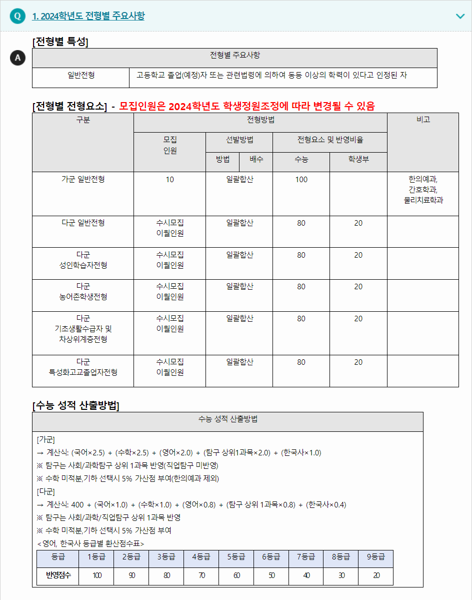 2024학년도 동신대학교 수능위주전형 전형별 주요사항