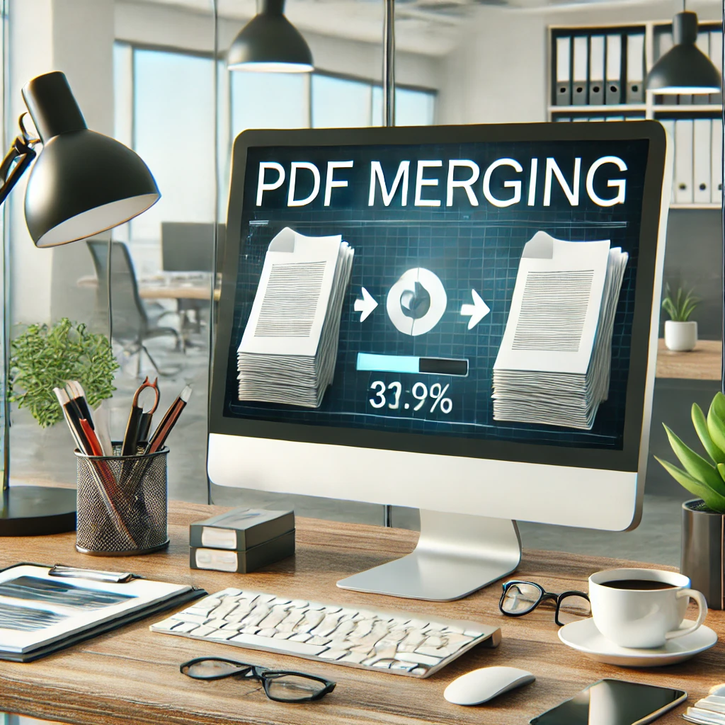 정돈된 책상과 PDF 병합 진행 중인 화면