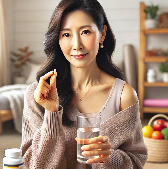 갱년기 극복을 위해 영양제를 섭취하는 50대 여성 주부