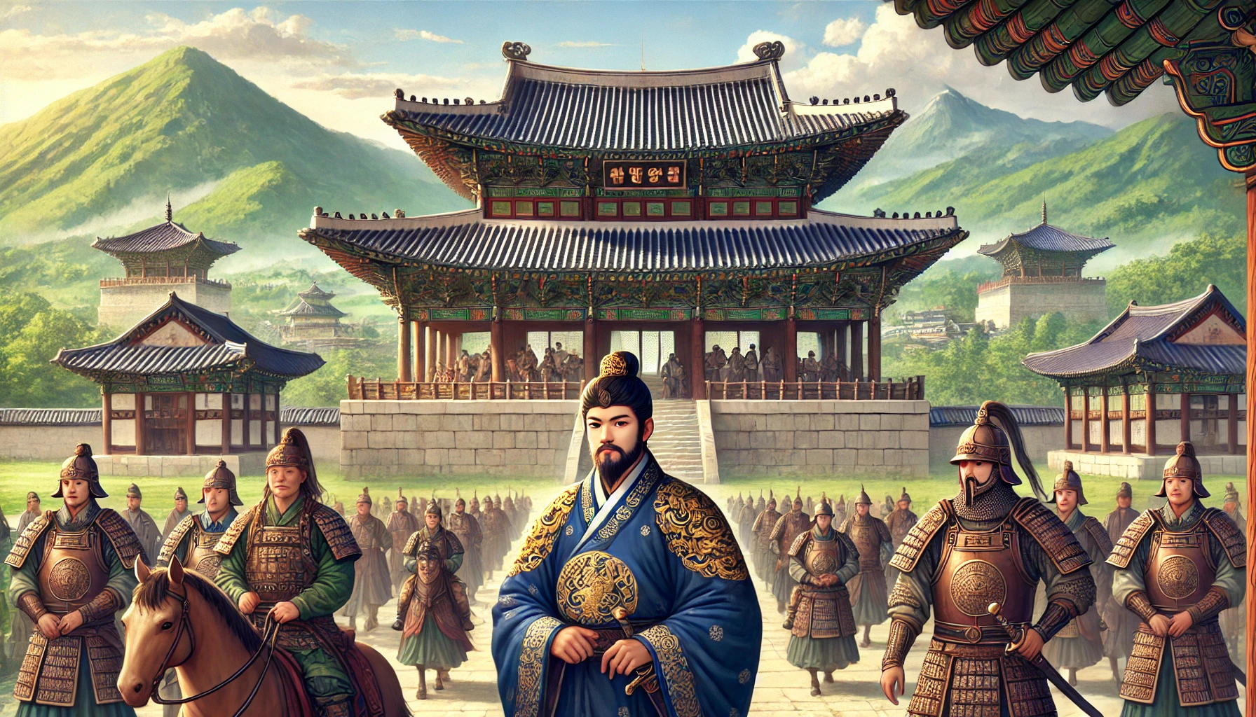 성안에 왕이 중간에 있고 군사들이 사열하고 있는 모습