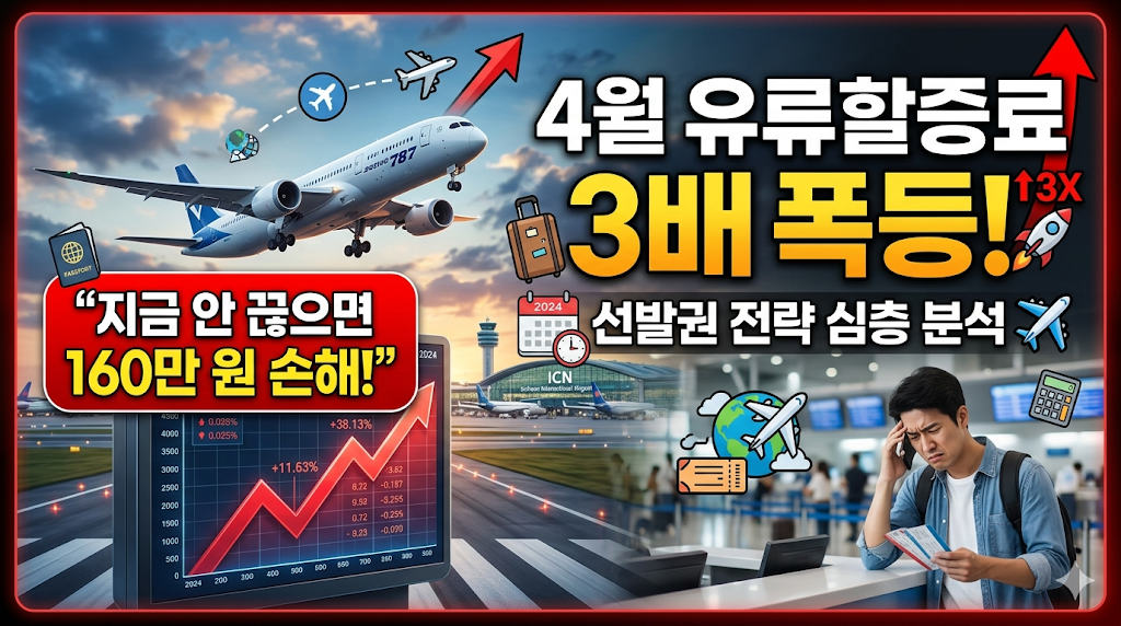 4월 국제선 유류할증료 3배 인상 소식에 따른 항공권 가격 폭등 및 여행객 발권 급증 안내 그래픽