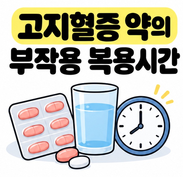 고지혈증 약의 부작용 복용시간 문구와 알약, 물컵, 시계 아이콘을 보여주는 대표 카드