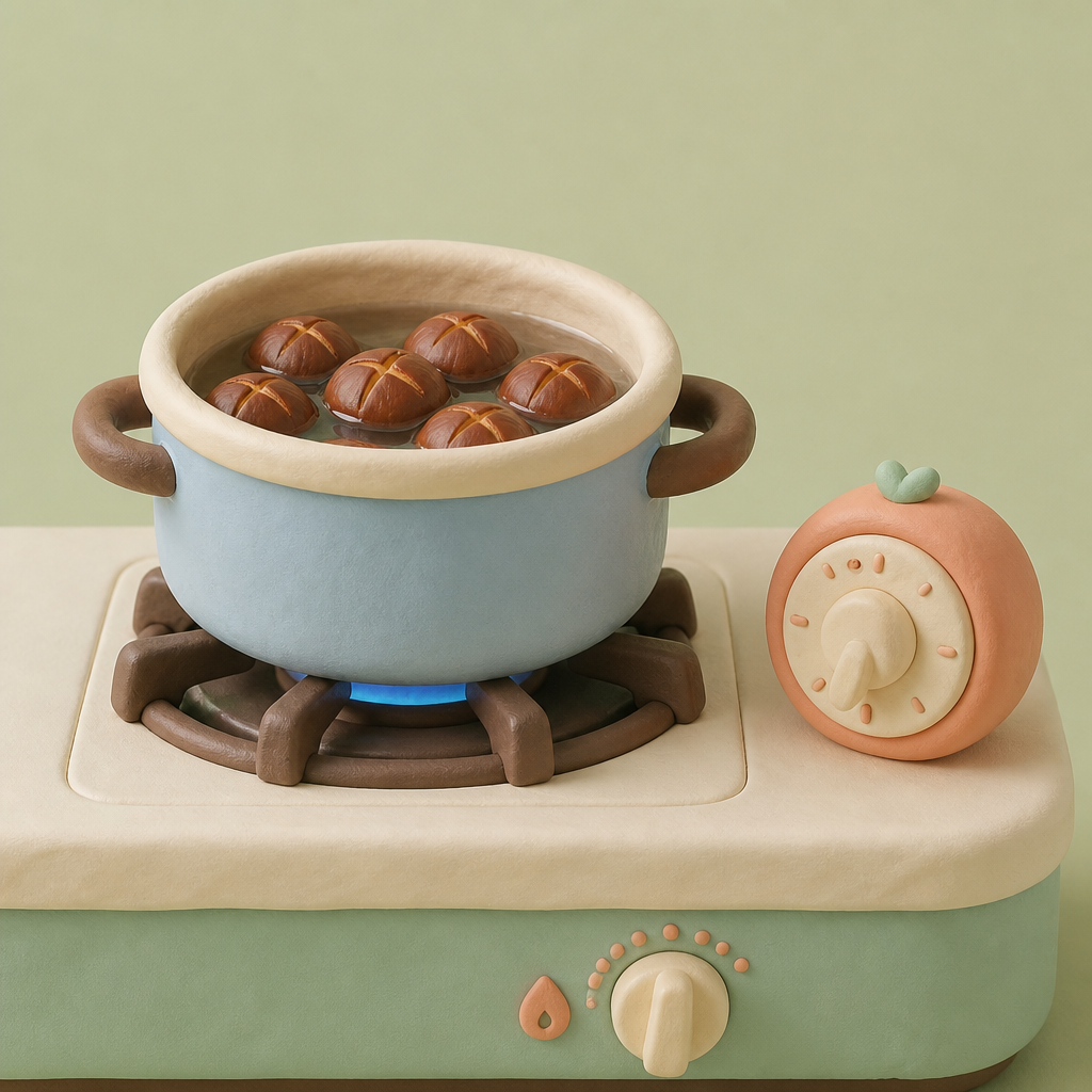 칼집 낸 밤을 물에 담가 둔 냄비 옆 주방 타이머