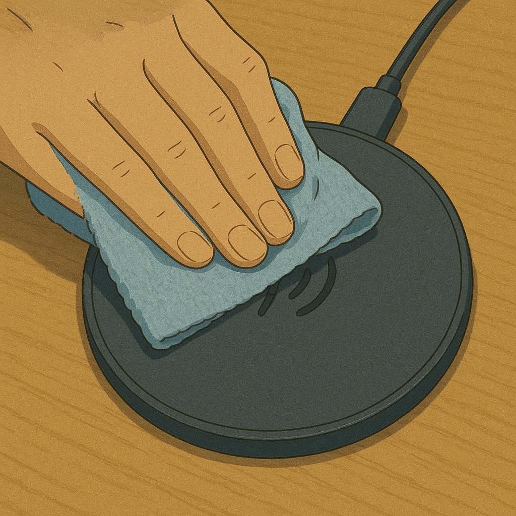 극세사 천으로 무선충전 패드를 닦고 있는 손의 클로즈업 이미지. 충전 패드는 책상 위에 놓여 있으며, 천과 손의 질감이 섬세하게 표현된 지브리풍 일러스트.