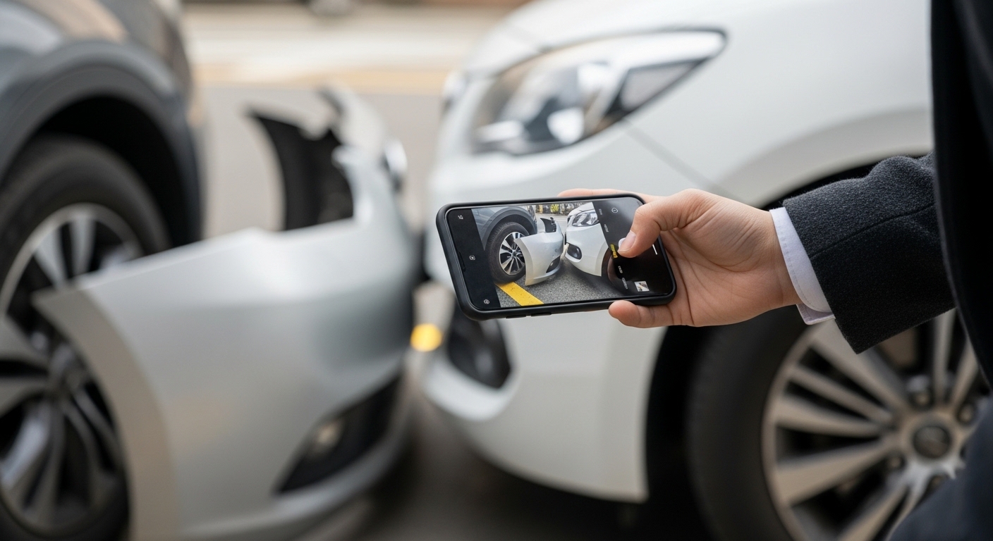 교통사고 현장에서 스마트폰으로 차량 손상 부위를 촬영하는 한국인 손.