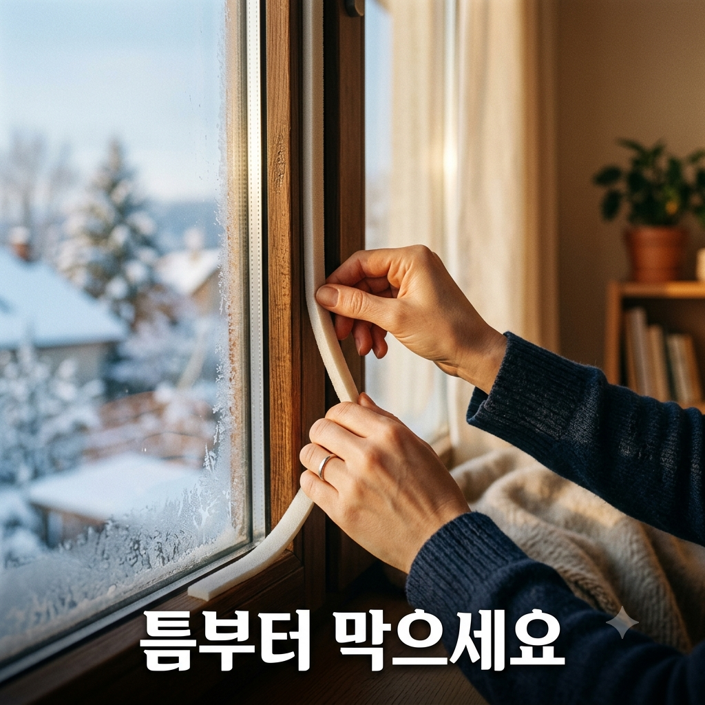 창문 틈에 문풍지를 붙이는 모습