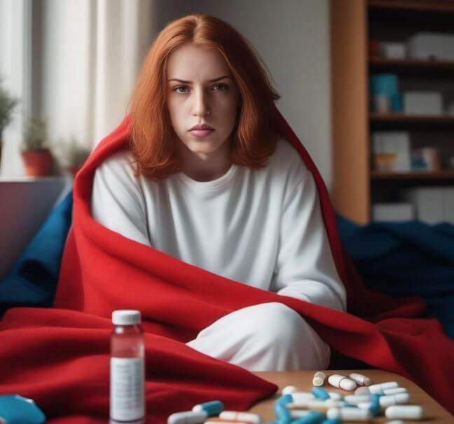 아파서 담요를 덮어 쓰고 있는 여성