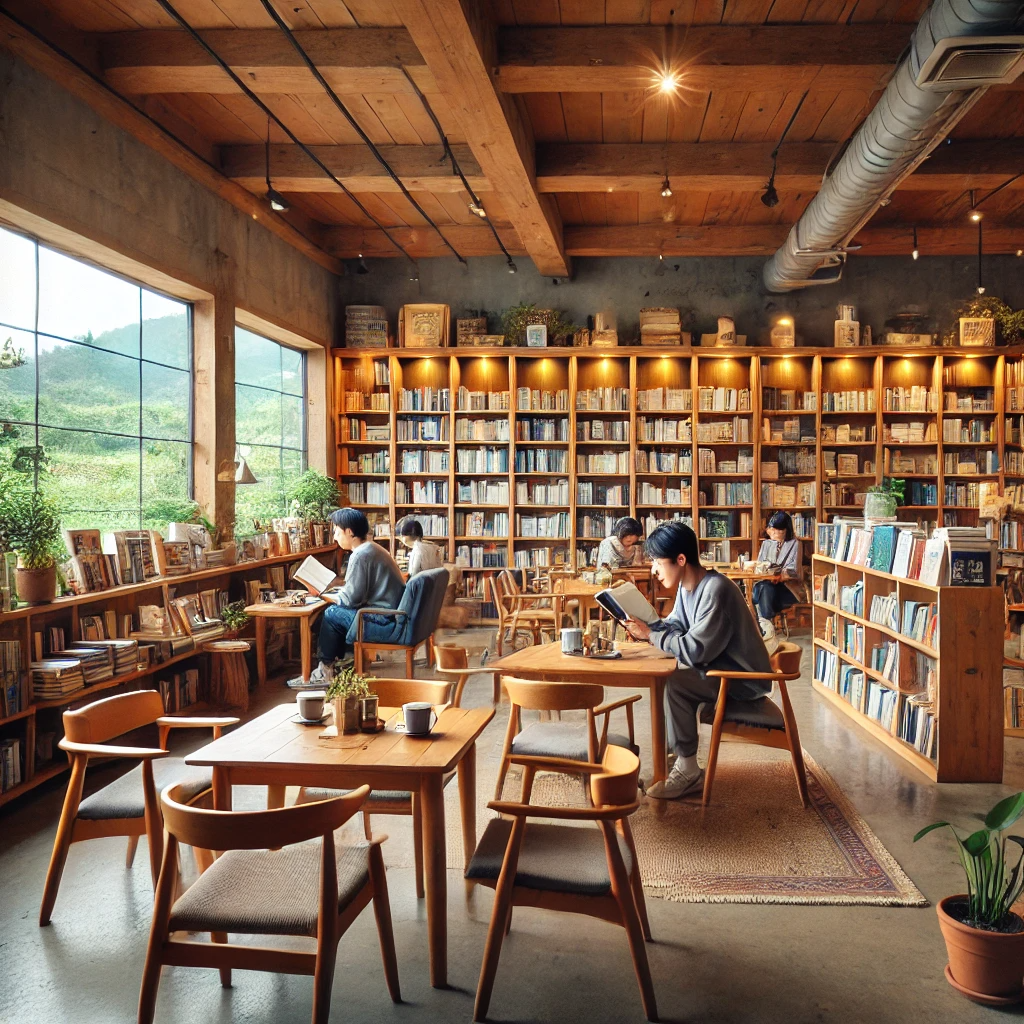제주도의 아늑한 북카페. 큰 책장에는 다양한 책들이 꽂혀 있고, 나무 테이블과 편안한 의자가 배치되어 있음. 따뜻하고 초대하는 듯한 인테리어로, 부드러운 조명과 식물이 평화로운 분위기를 더하고 있음. 손님들은 책을 읽으며 차와 커피를 조용한 구석에서 즐기고 있으며, 창문 밖으로는 푸른 자연이 보임.