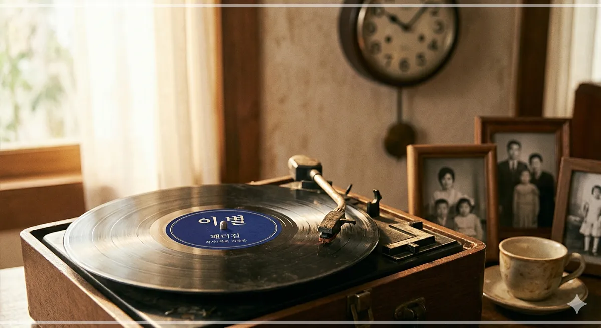 따스한 햇살이 비치는 창가, 패티김의 ‘이별’ 레코드판이 턴테이블 위에서 돌아가고 있고 낡은 시계와 가족사진이 아날로그적인 그리움과 추억의 분위기를 자아낸다.