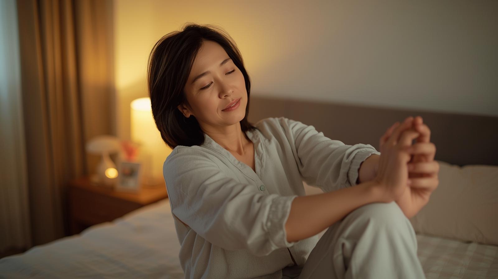 취침 전 스트레칭을 하는 편안한 분위기의 여성