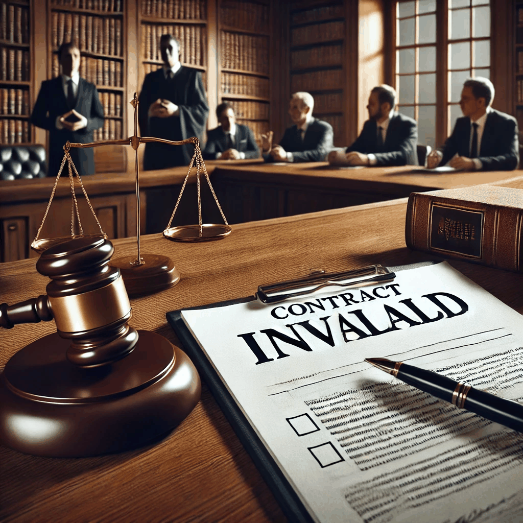 법정에서 판사가 판결을 내리는 장면으로, 변호사들이 논쟁하는 가운데 '무효'라고 표시된 계약 문서가 책상 위에 놓여 있는 모습