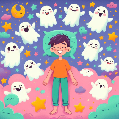 구름 위에서 기분 좋은 표정을 짓고 있는 소년.