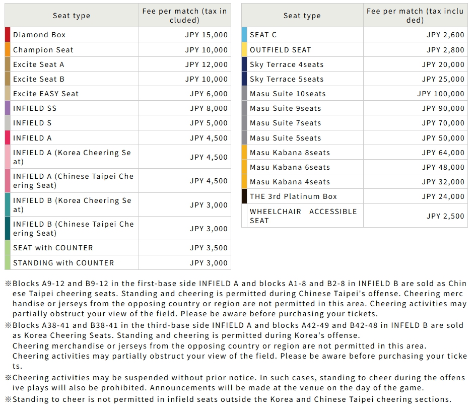 한국이 경기하는 날 좌석 가격표