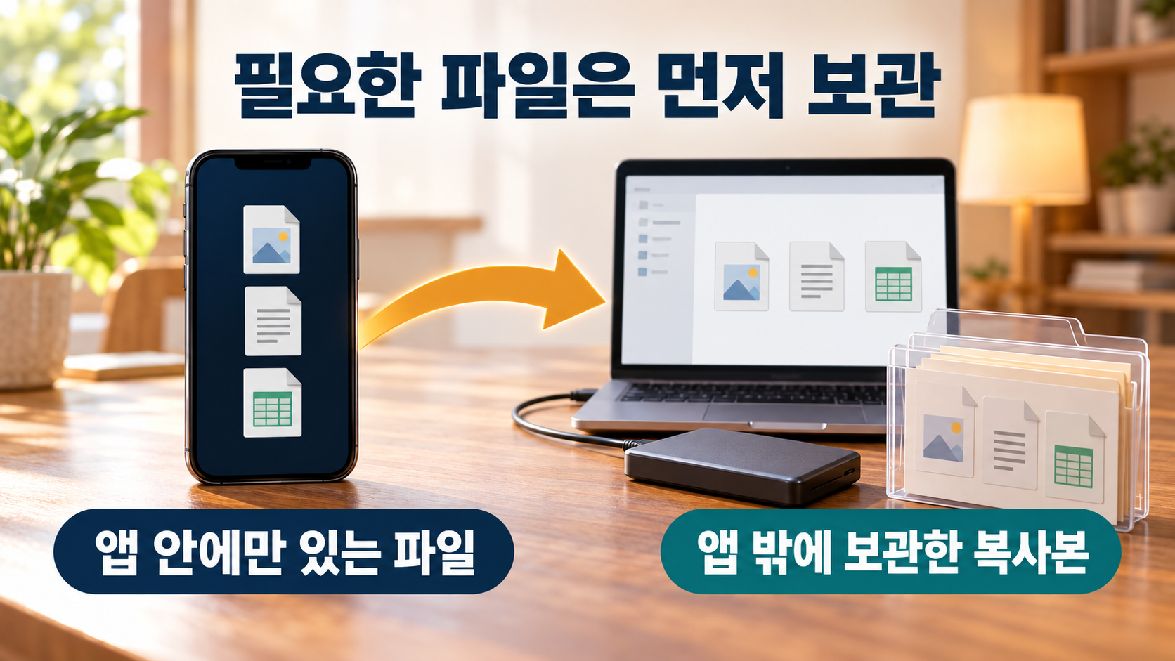 앱 안 파일을 앱 밖의 컴퓨터와 저장장치에 복사해 두는 개념도