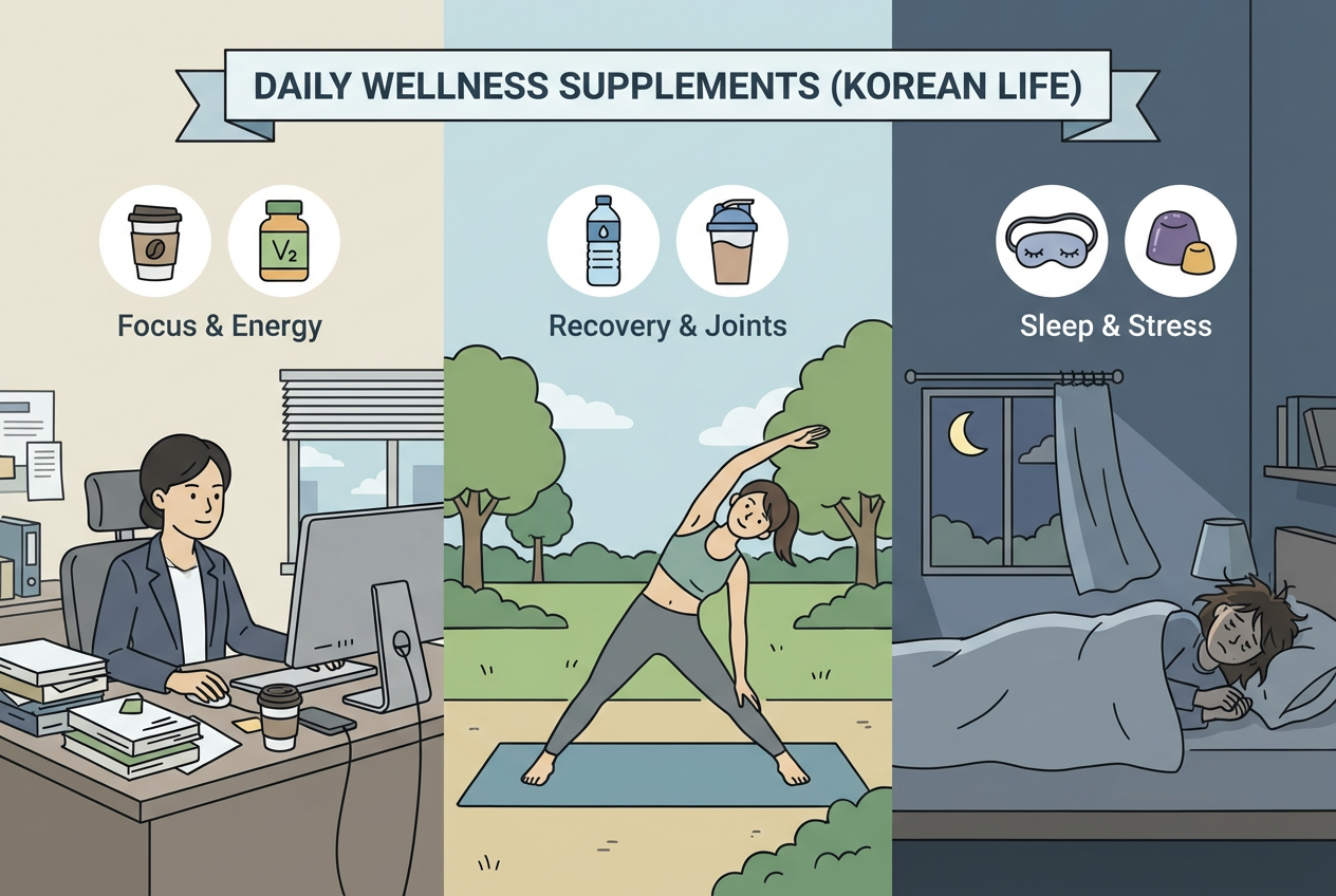 사무직, 운동 후 피로, 수면 불규칙 세 가지 유형별로 추천 영양제 조합을 아이콘으로 정리한 인포그래픽