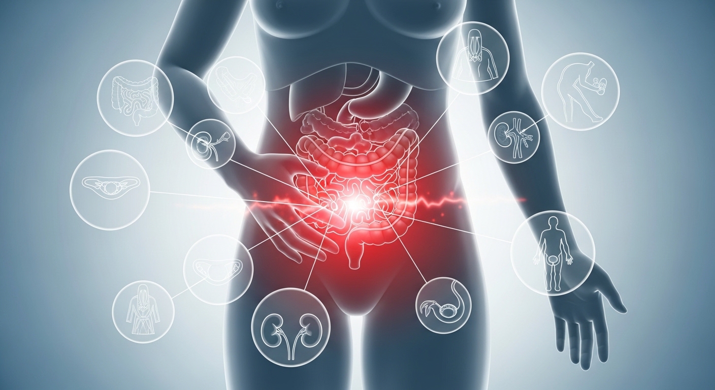 다양한 연령과 성별의 사람들에게 왼쪽 아랫배 통증을 유발하는 여러 내부 장기 문제들을 시각적으로 보여주는 의료 일러스트.