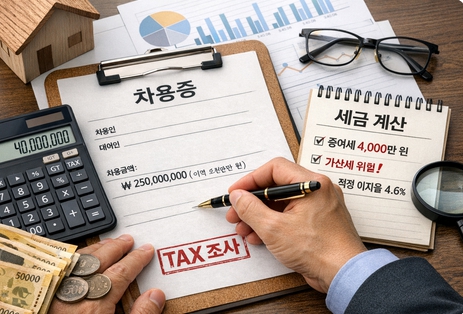 아파트 매수 자금 소명을 위해 차용증을 작성하고 세금 계산을 하는 모습