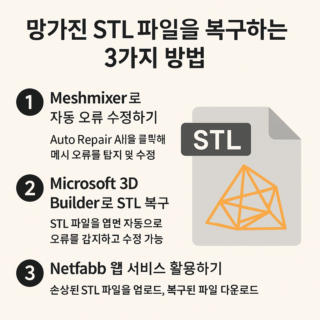 세 가지 STL 복구 방법을 설명하는 디지털 인포그래픽