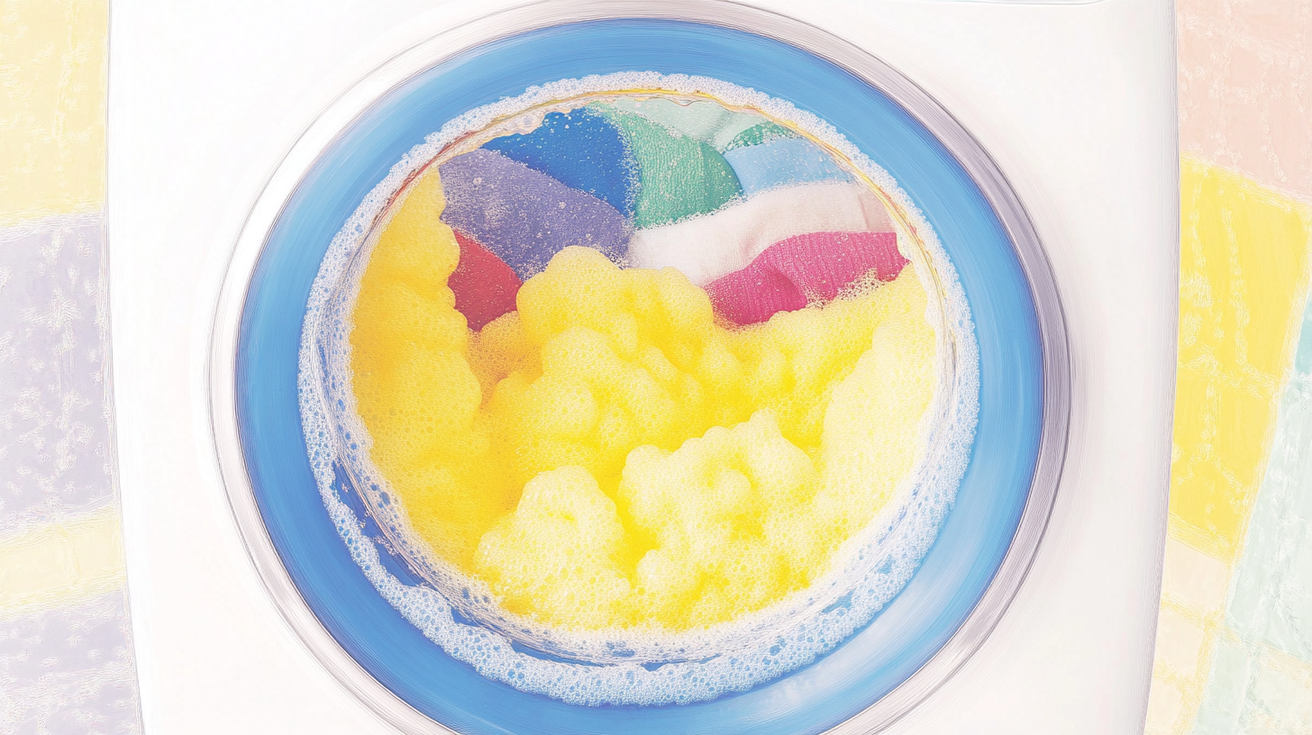 삼성 세탁기가 작동 중이며, 에코버블 기술로 인해 드럼 내부의 다채로운 직물 위에 촘촘한 거품이 생성되고 있다.