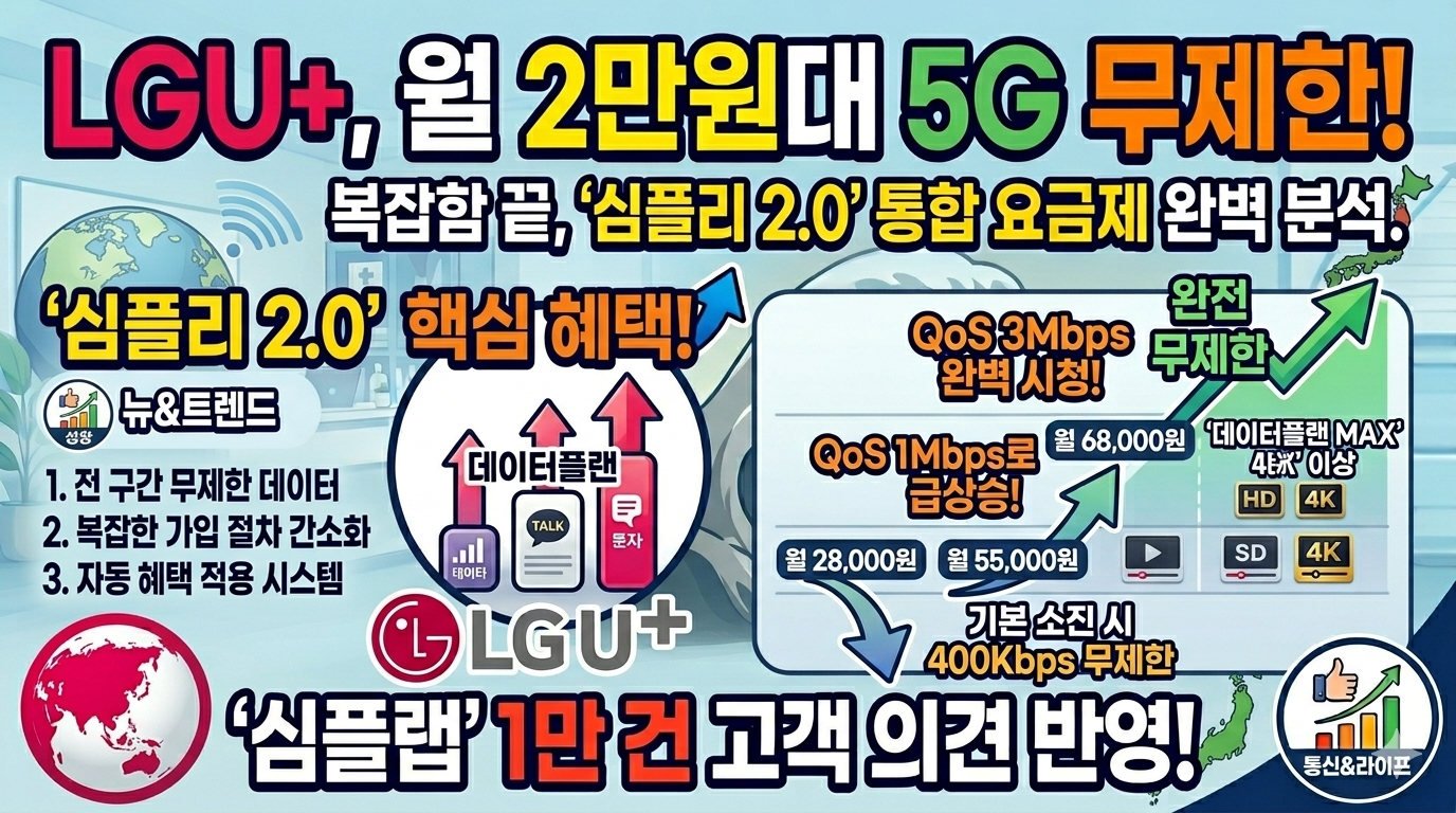 "LG유플러스 로고와 스마트폰 화면에 표시된 월 28,000원 5G 무제한 요금제 출시 안내 및 심플리 2.0 데이터플랜 표 분석 배경"