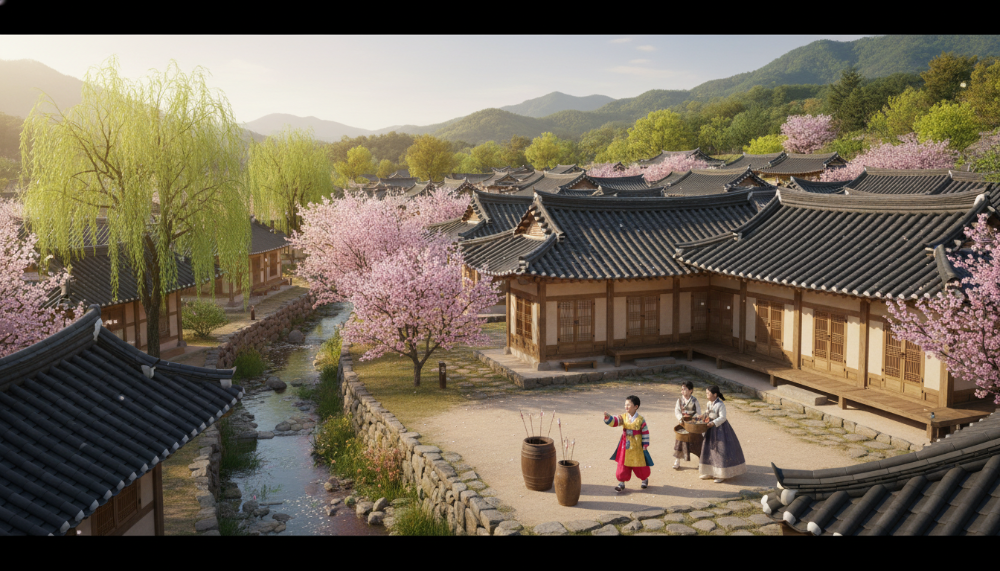 한복을 입고 전통 민속놀이를 즐기는 아이와 아름다운 한옥 마을의 봄 풍경