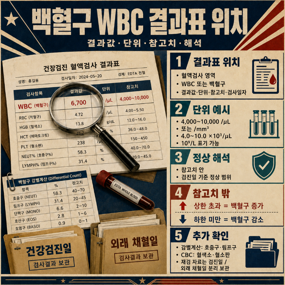 건강검진 혈액검사 결과표에서 백혈구 WBC 위치와 결과값·단위·참고치·검사일자, 정상 해석과 참고치 밖 결과, 감별계산과 외래 채혈일 분리 보관을 안내하는 빈티지 스타일 인포그래픽
