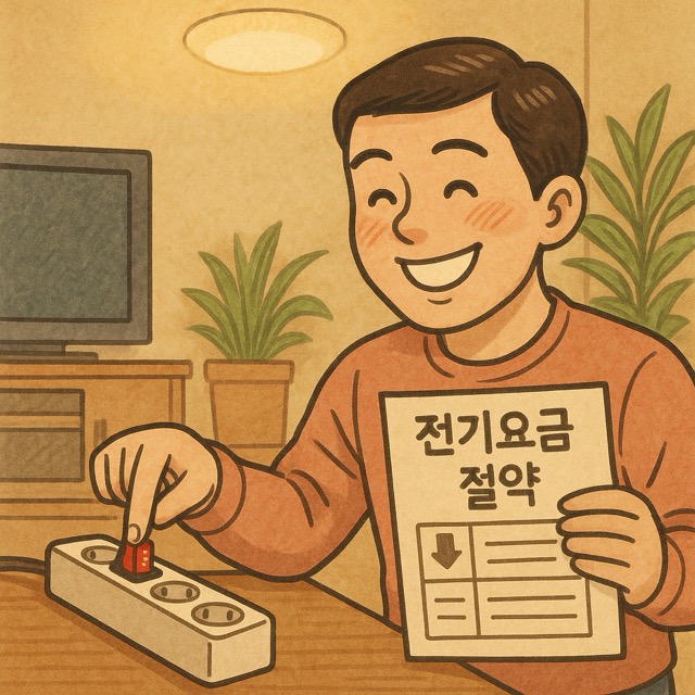 멀티탭 스위치를 끄며 전기요금을 절약하는 표를 보고 뿌듯해하는 남성