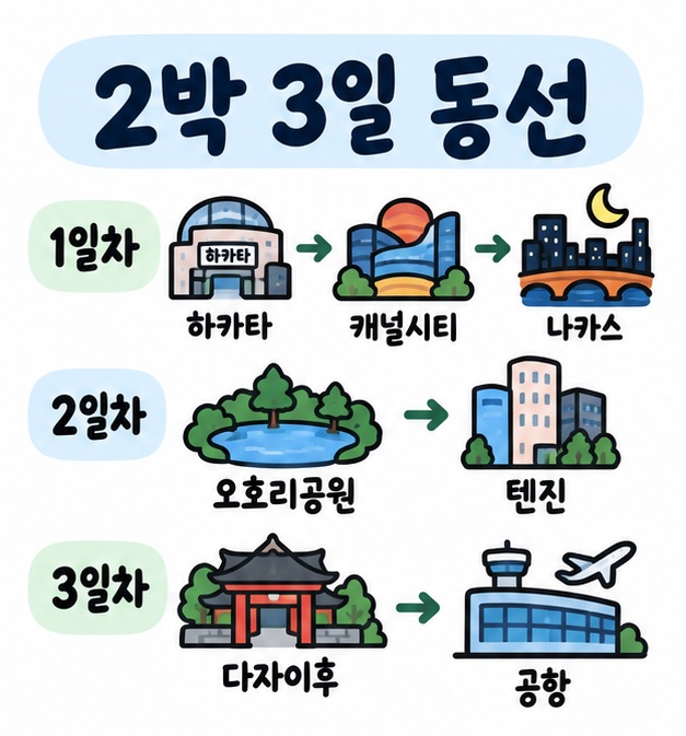 하카타와 캐널시티, 오호리공원과 텐진, 다자이후를 2박 3일 동선으로 나누어 보여주는 카드