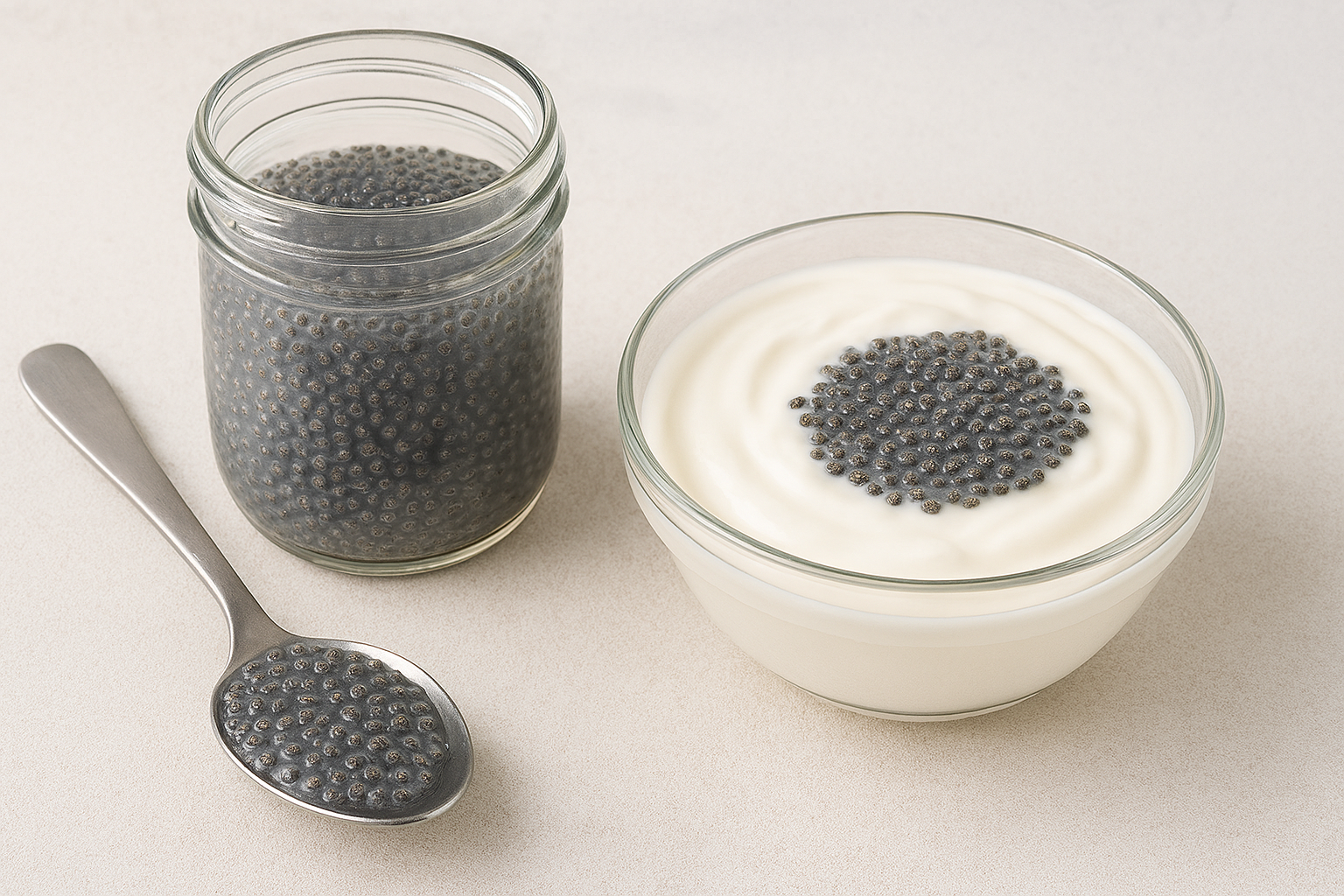 불린 치아시드를 요거트에 올린 이미지