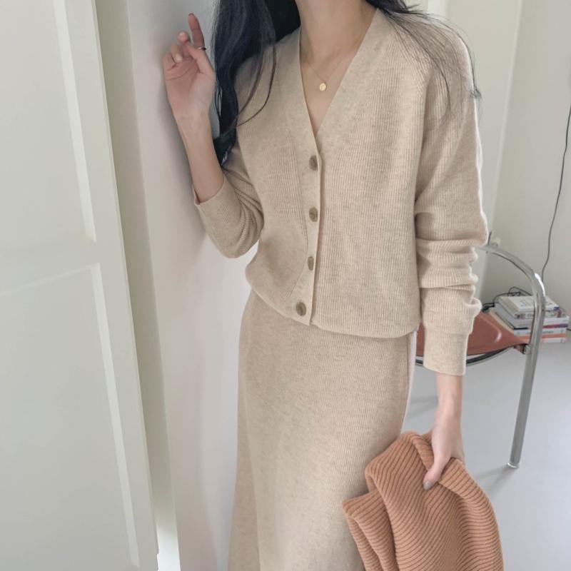 077 캐시미어 니트 가디건 스커트 세트 치마투피스